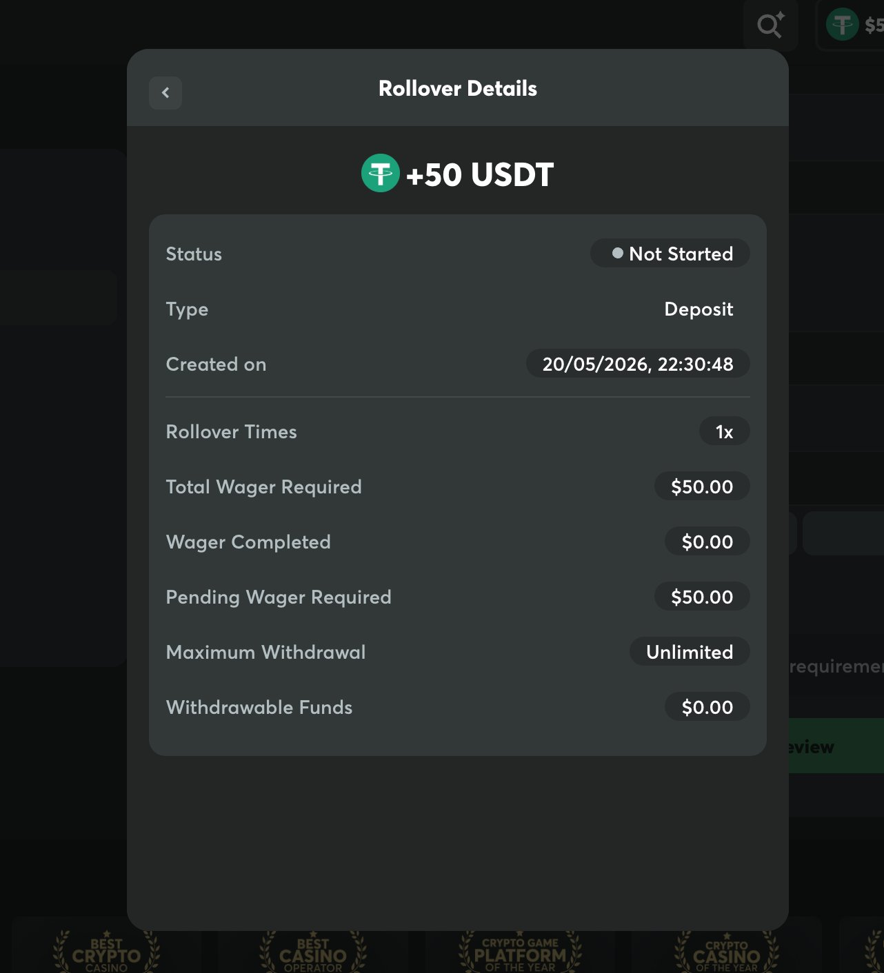 BC.Game Rollover Details showing a deposit with 1x rollover, $50 total wager required, and $0 withdrawable funds