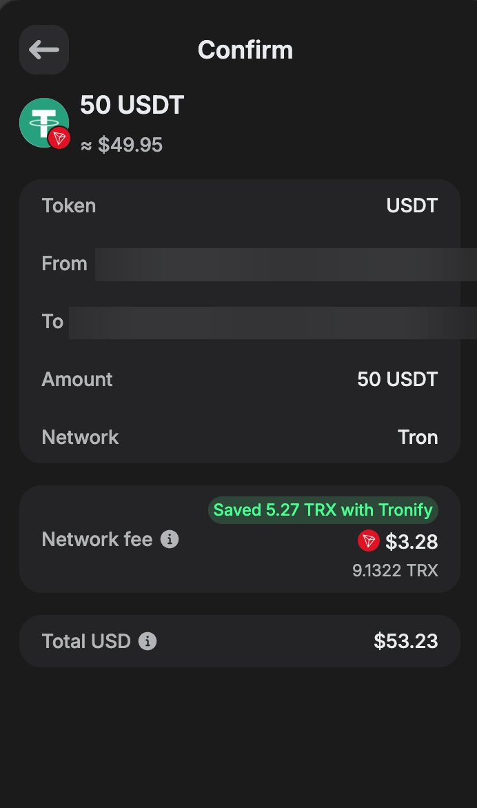 Trust Wallet deposit confirmation routed through Tronify, showing a 3.28 dollar network fee and 53.23 dollar total on a 50 USDT deposit