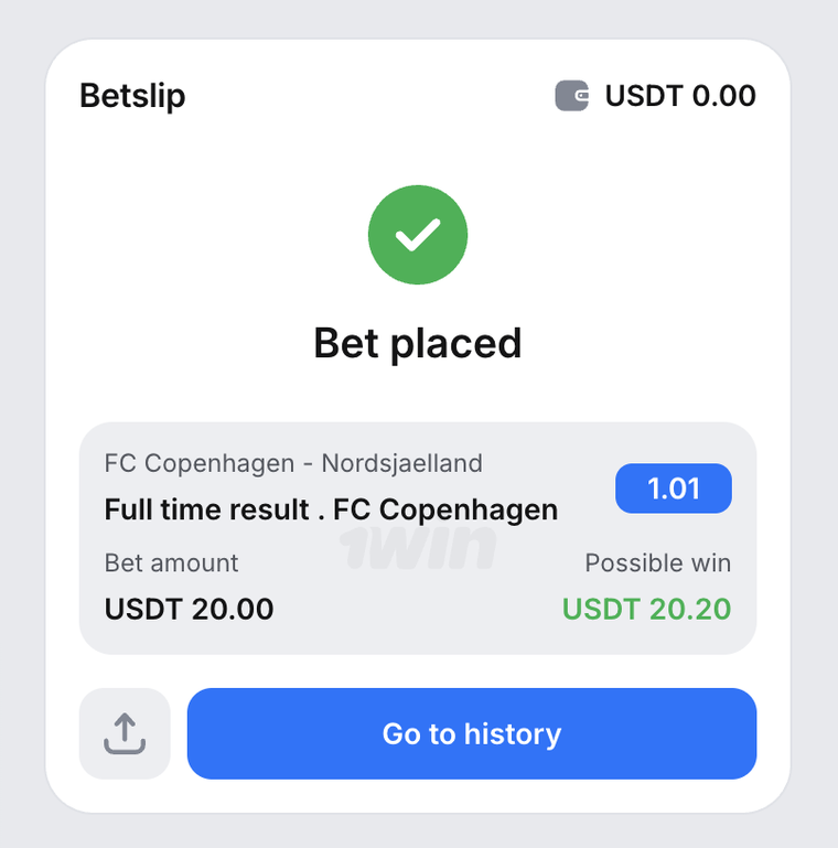 1win betslip showing a placed bet on FC Copenhagen with possible win displayed