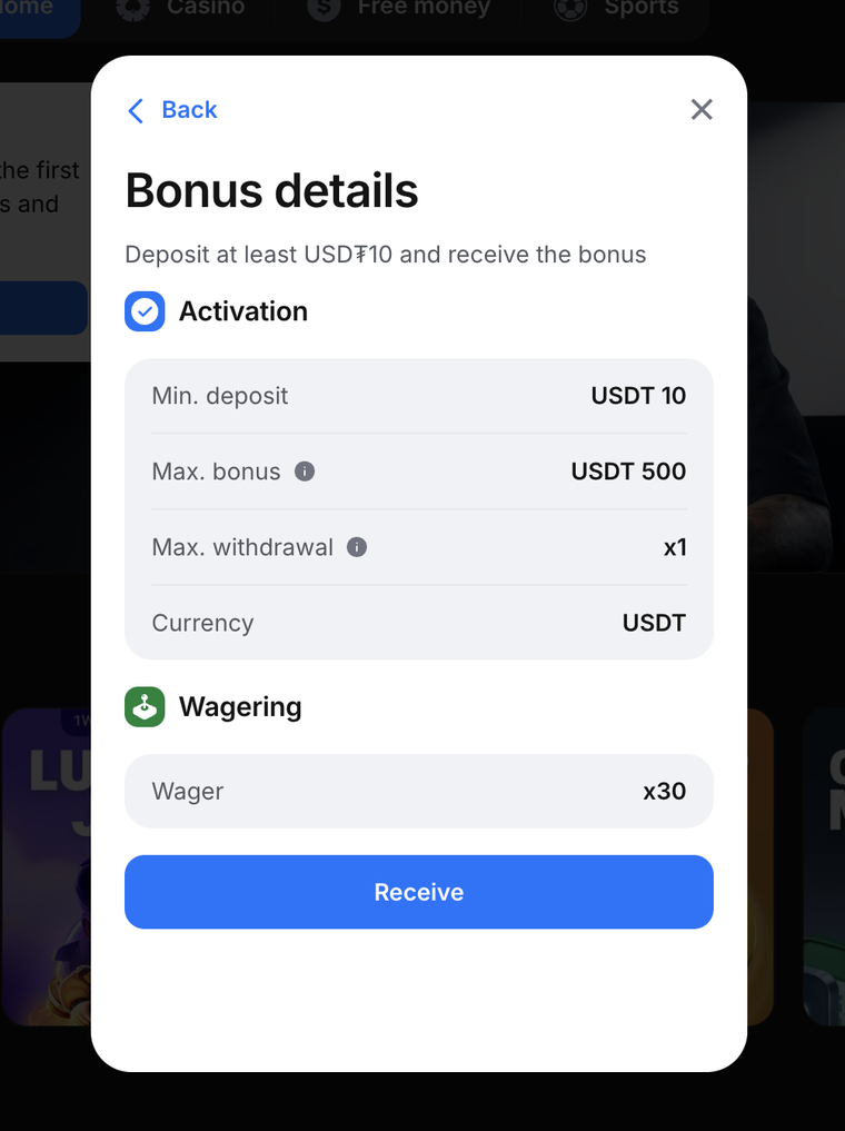 1win bonus details showing minimum deposit 10 USDT, max bonus 500 USDT, max withdrawal x1, and wager x30