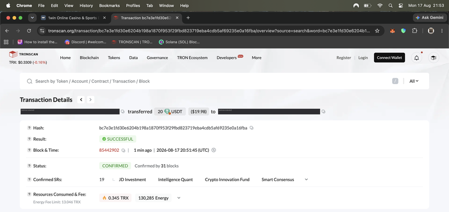 Tronscan showing a 20 USDT deposit to 1win, addresses redacted, result successful