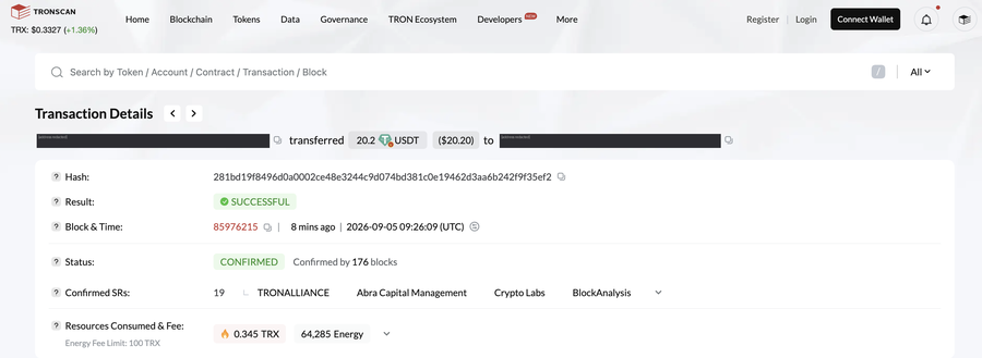 Tronscan showing a 1win withdrawal of 20.2 USDT with the network fee of 0.345 TRX, addresses redacted
