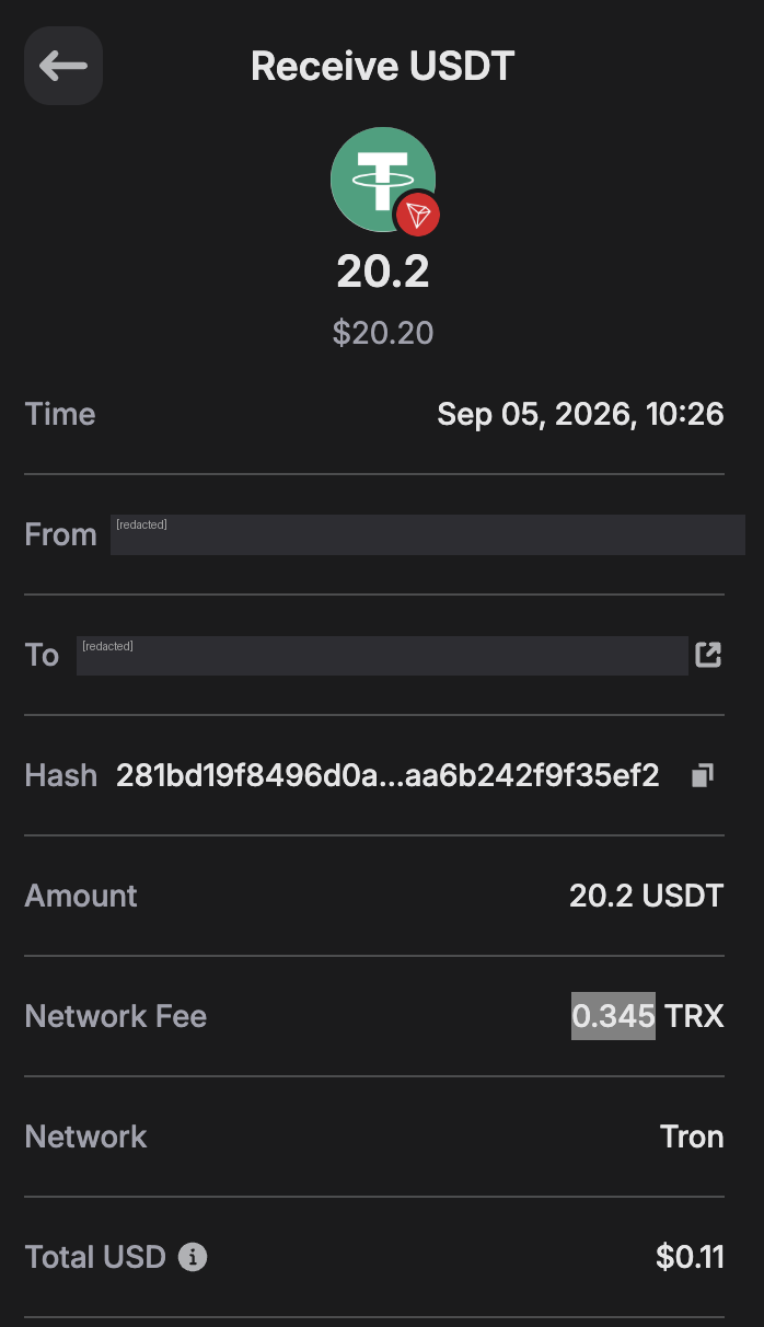 Trust Wallet showing 20.2 USDT received from 1win with a network fee of 0.345 TRX and total 0.11 dollars