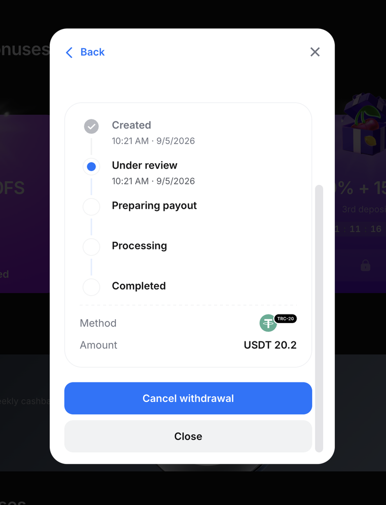 1win withdrawal status timeline showing Created, Under review, Preparing payout, Processing and Completed stages