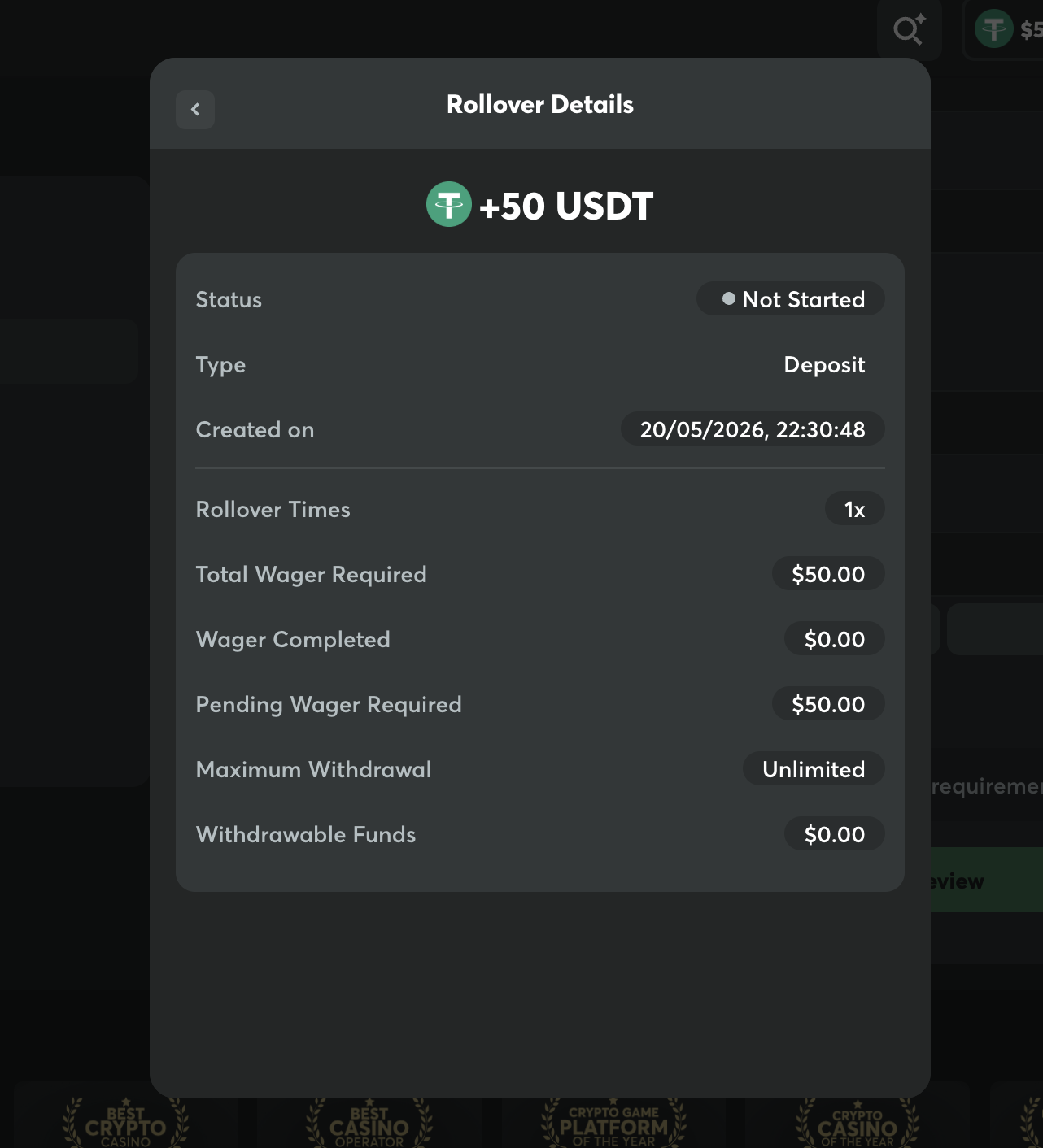 BC.Game Rollover Details panel for a 50 USDT deposit showing status Not Started, type Deposit, 1x rollover, 50 dollar total wager required, zero wager completed, 50 dollar pending wager required, and zero withdrawable funds