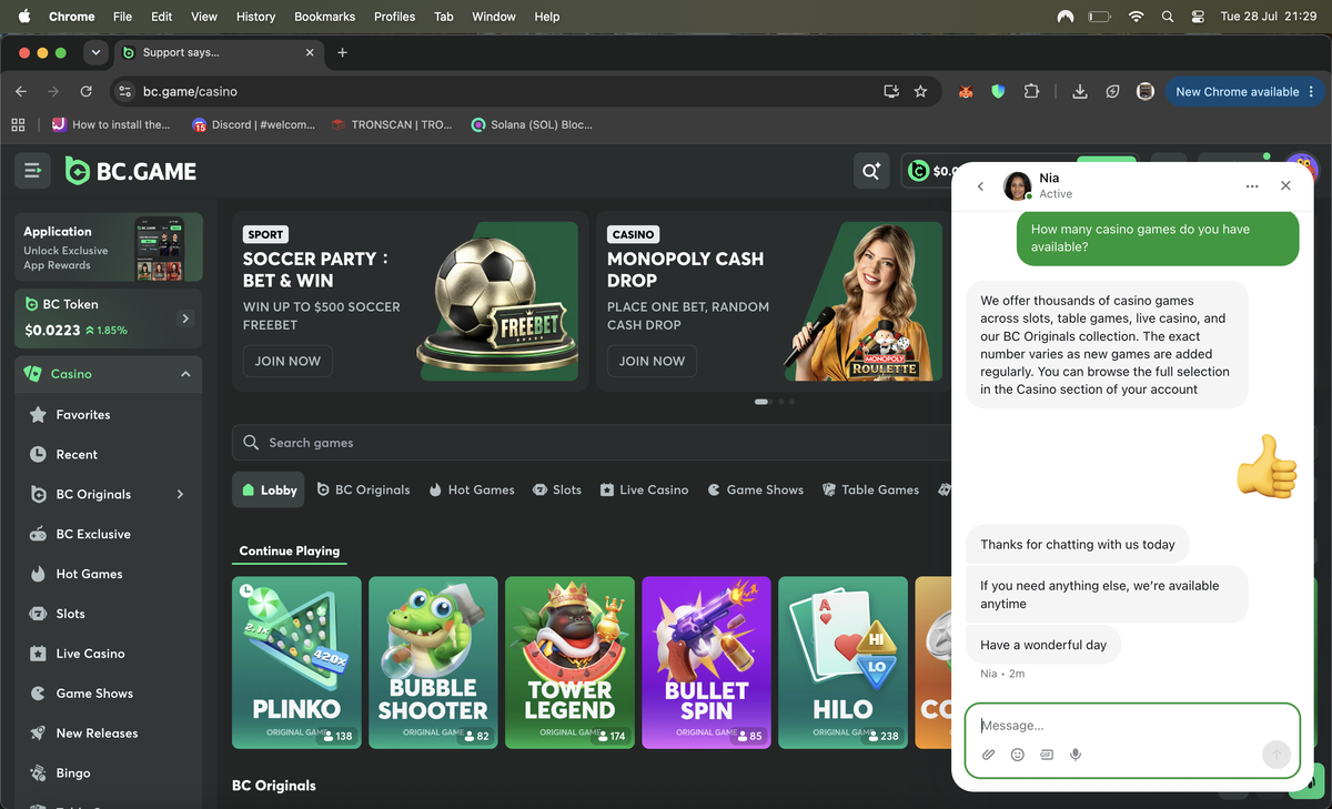 BC.Game live chat where support confirms standard network fees apply per withdrawal, with fee-free crypto withdrawals from Silver IV Level 8 upward and completely fee-free withdrawals for CS-Served and Lifetime VIP tiers