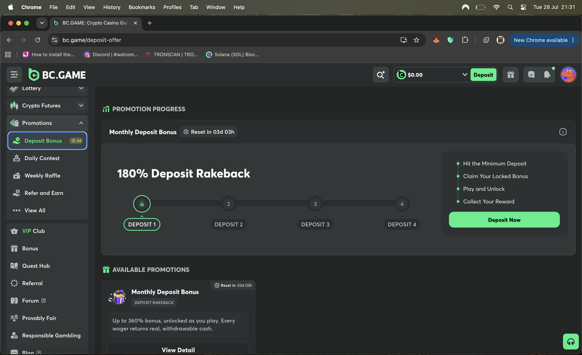 BC.Game deposit screen showing the cryptocurrency selector with USDT, ETH, BTC, USDC and a quick-pick row, plus a searchable list of further coins including BCD, BC, USDT, ETH, BTC and TRX, each with a network dropdown such as Ethereum ERC20