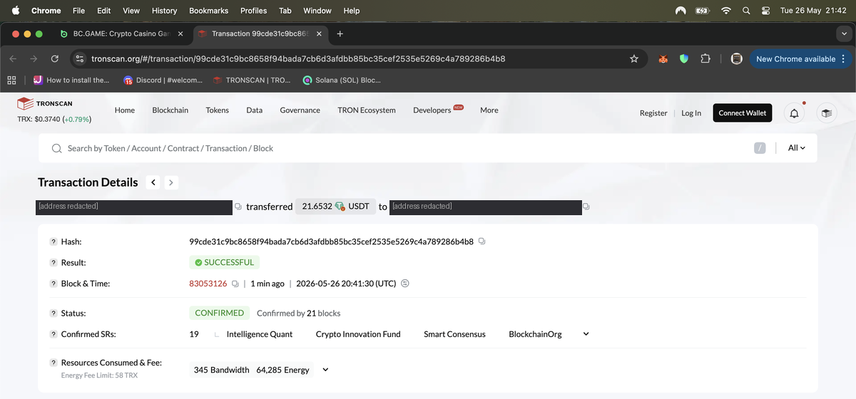 Tronscan block explorer showing BC.Game withdrawal transaction 99cde31c confirmed: 21.6532 USDT transferred, result SUCCESSFUL, block 83053126, timestamp 2026-05-26 20:41:30 UTC, confirmed by 21 blocks