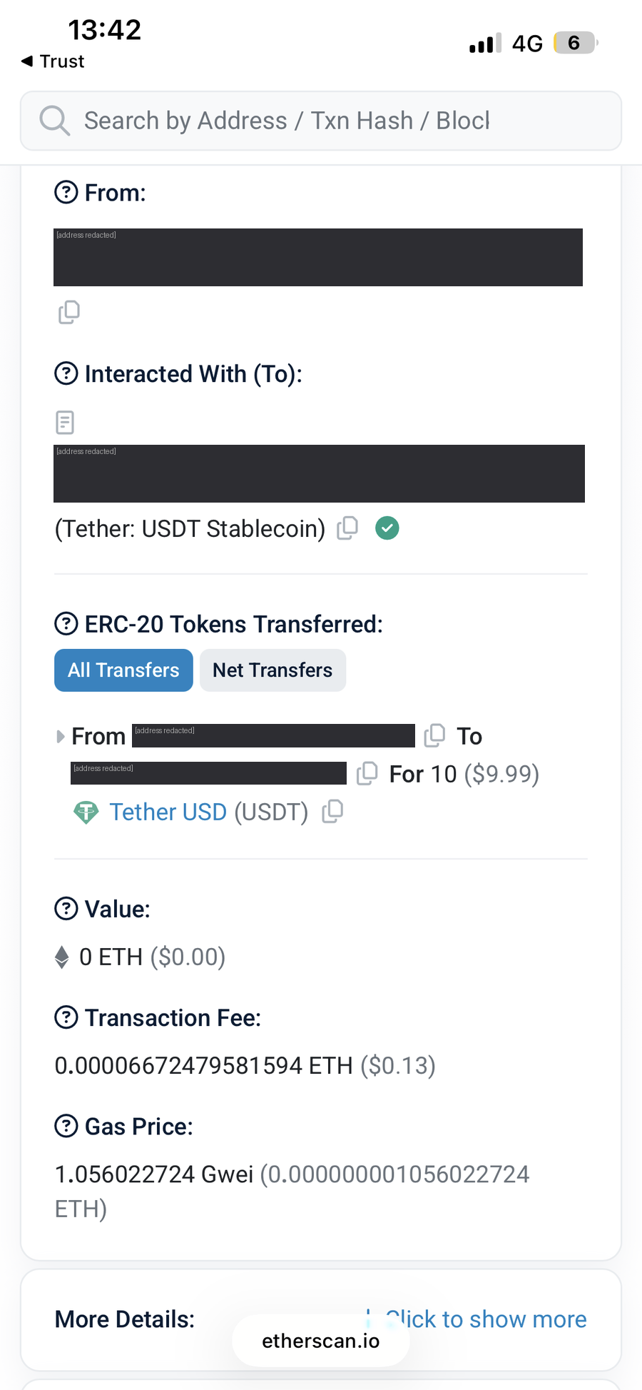 Trust Wallet showing 10 USDT sent to Duel, $9.99, Completed, network fee $0.1252