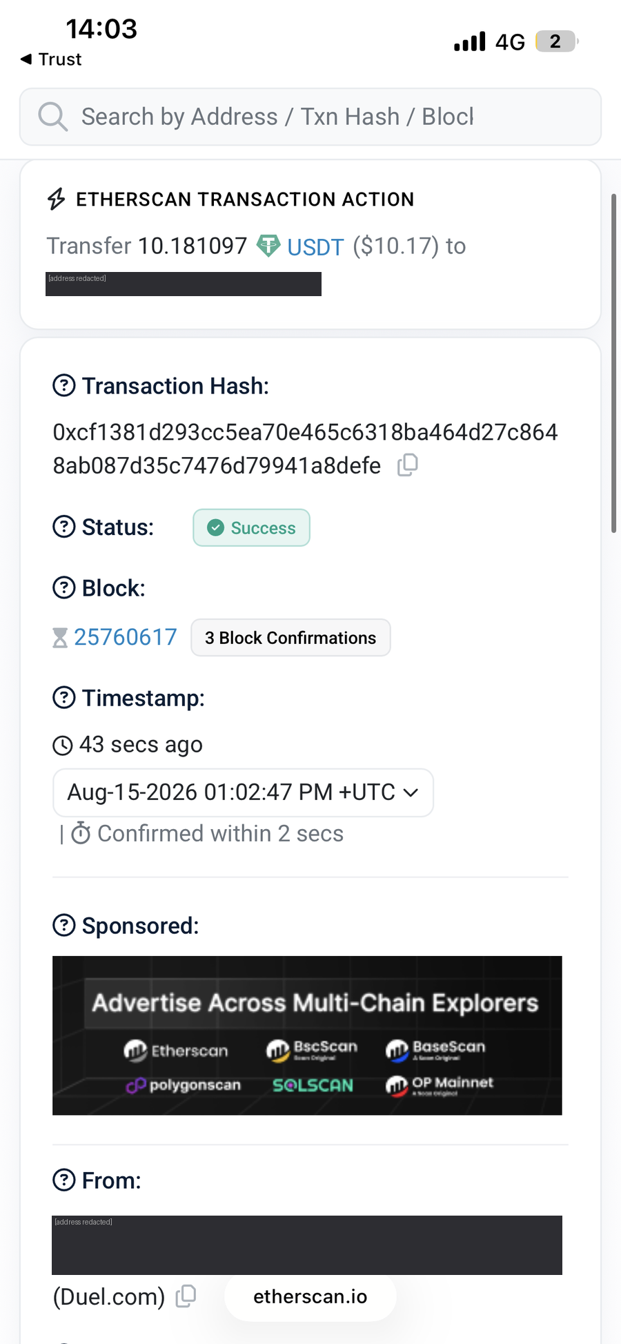 Etherscan showing a USDT withdrawal from Duel.com: transfer of 10.181097 USDT, Status Success, block 25760617, Aug-15-2026 01:02:47 PM UTC, confirmed within 2 seconds, From Duel.com