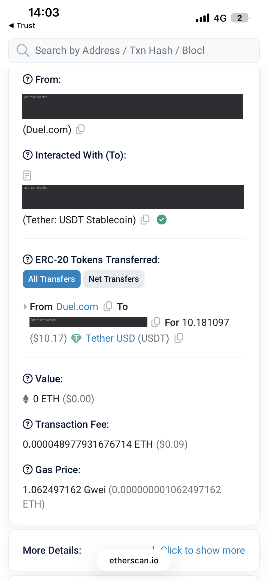Trust Wallet showing 10.1811 USDT received from Duel, marked Completed