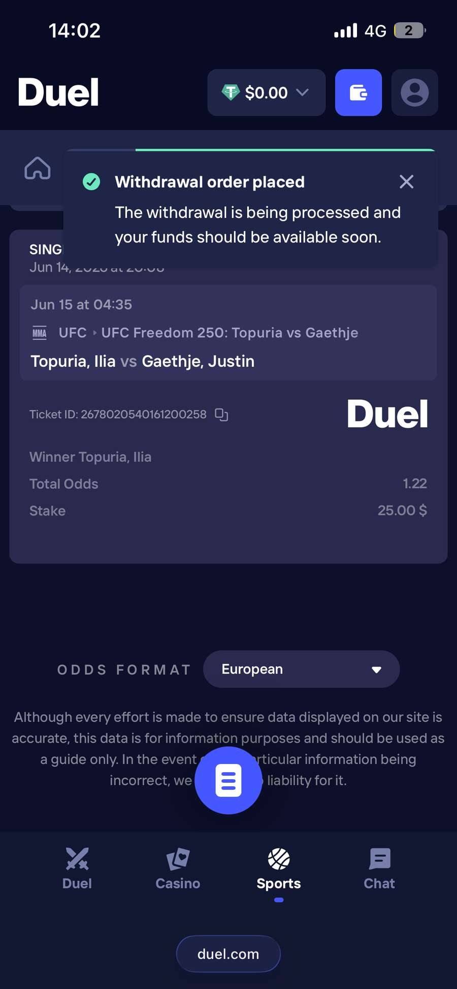 Duel withdrawal form on ERC-20 showing amount and fee