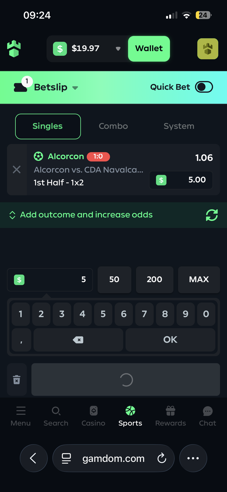 Gamdom sportsbook showing a bet placed on Alcorcon