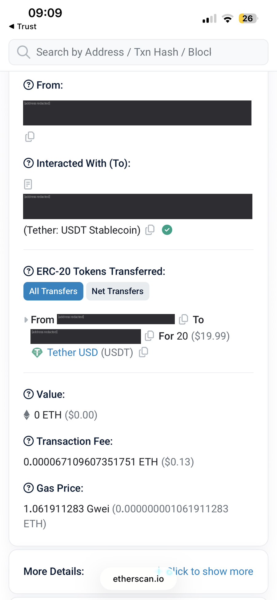 Etherscan detail of the Gamdom deposit showing the ERC-20 transfer of 20 USDT and a $0.13 network fee