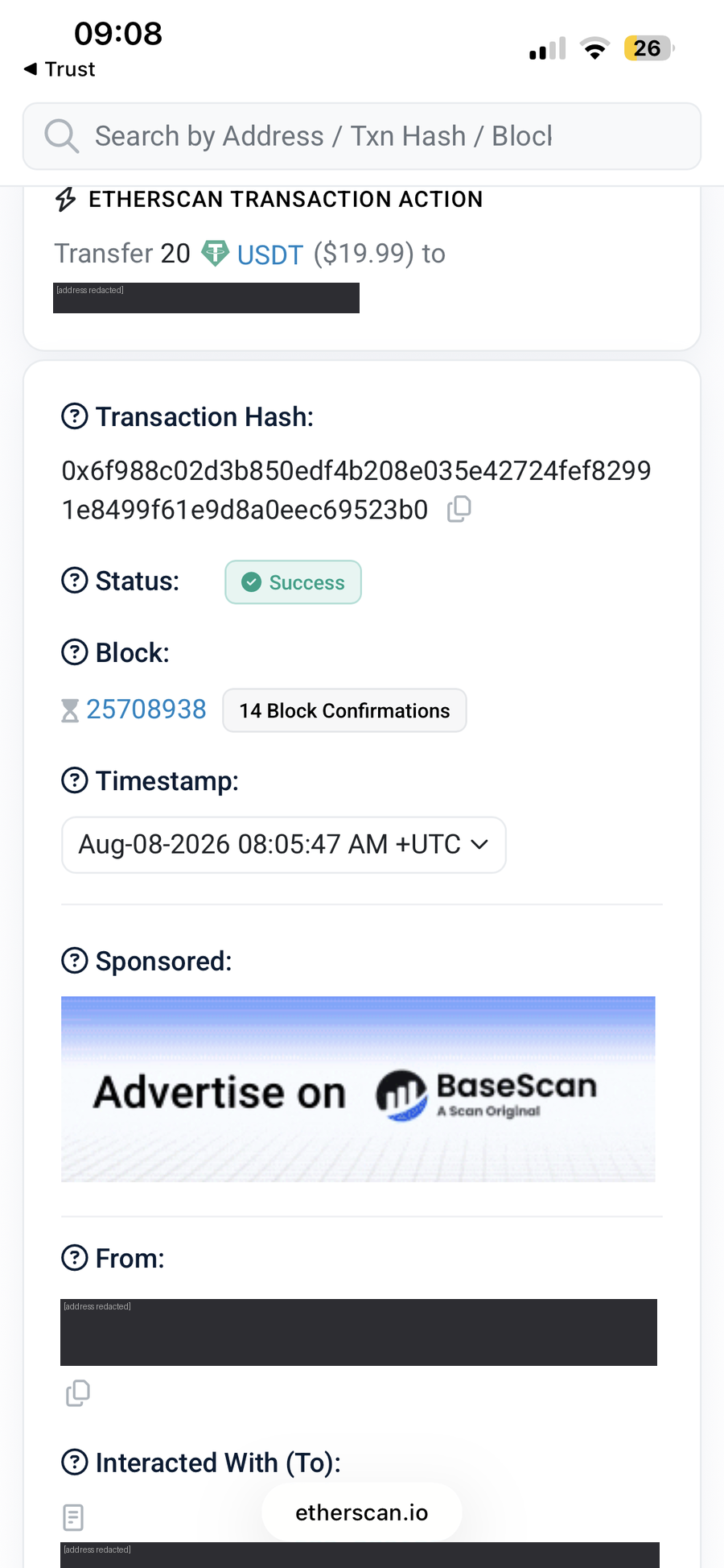 Etherscan showing a 20 USDT deposit to Gamdom: transfer of 20 USDT, Status Success, block 25708938, Aug-08-2026 08:05:47 AM UTC