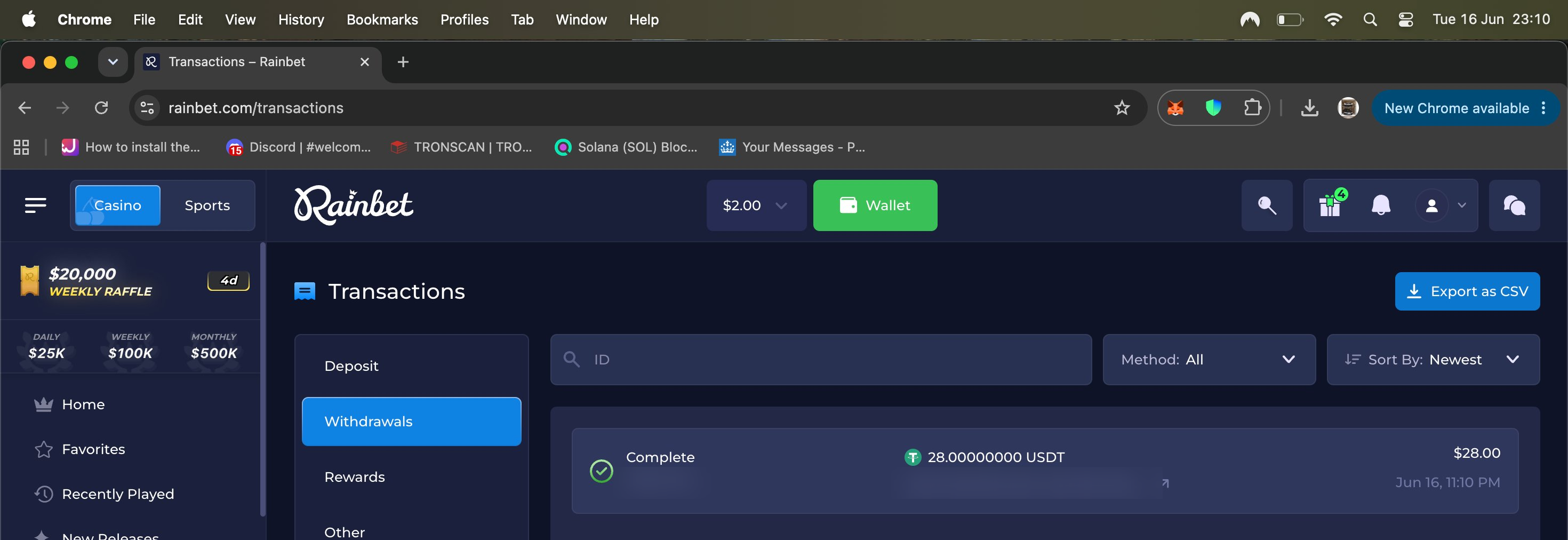 Rainbet transactions screen showing a completed 28 USDT withdrawal on 16 June
