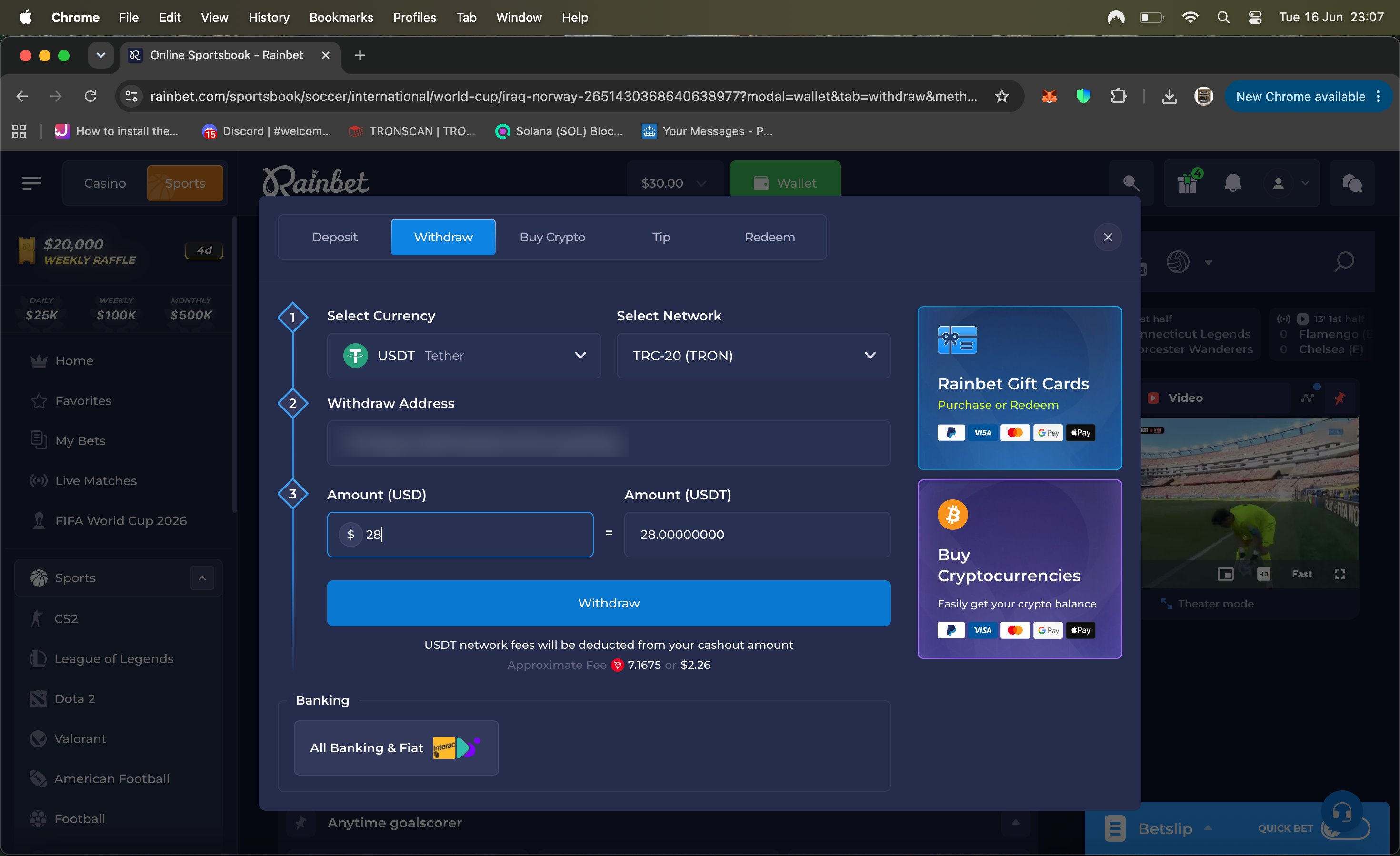 Rainbet withdrawal form showing USDT-TRC20, 28 dollar amount and an estimated network fee