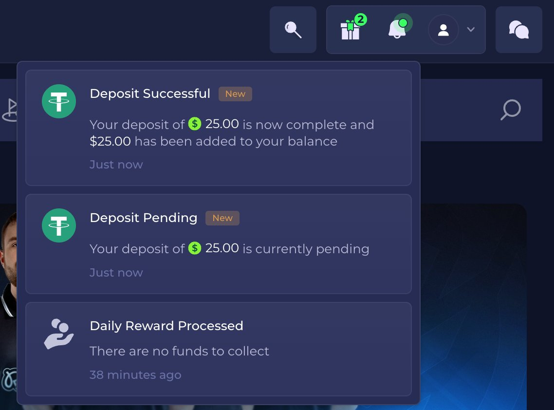 Rainbet notifications showing a 25 dollar deposit pending then successful