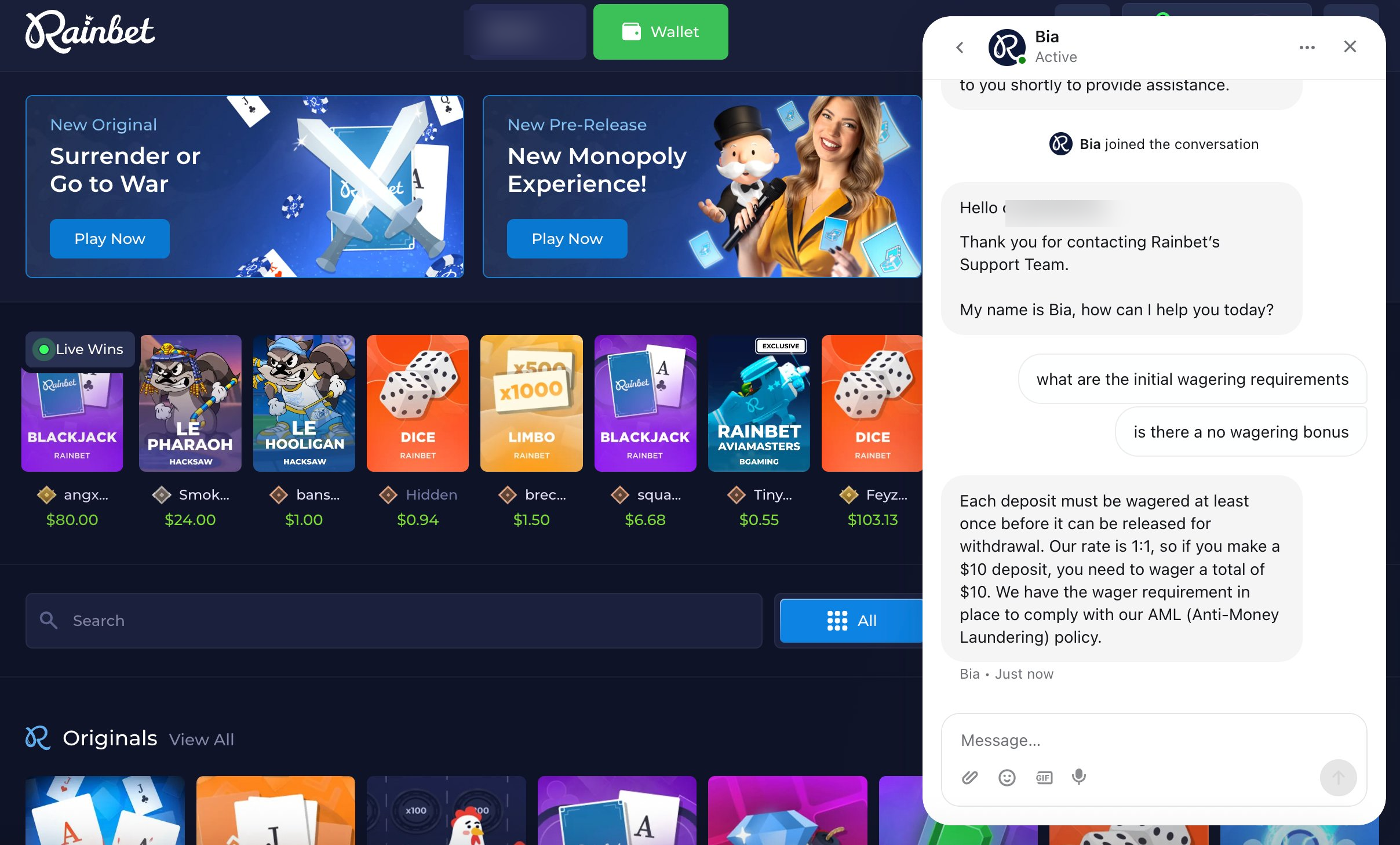 Rainbet support chat: agent confirms each deposit must be wagered once at a 1:1 rate before withdrawal, for AML compliance