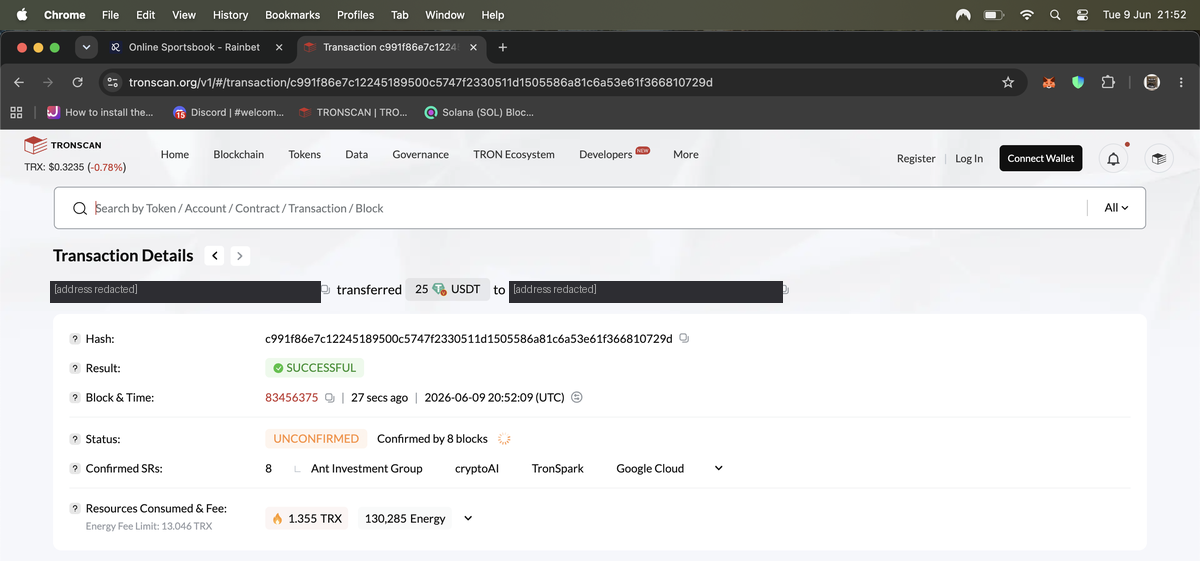 Tronscan block explorer showing a 25 USDT deposit to Rainbet: transaction c991f86e transferred 25 USDT, result SUCCESSFUL, block 83456375, timestamp 2026-06-09 20:52:09 UTC, confirmed by 8 blocks