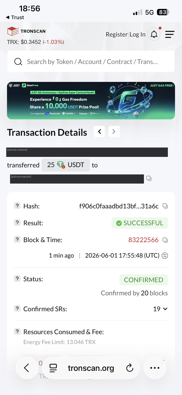 Tronscan showing a 25 USDT deposit to Roobet: transferred 25 USDT, result SUCCESSFUL, block 83222566, 2026-06-01 17:55:48 UTC, confirmed by 20 blocks