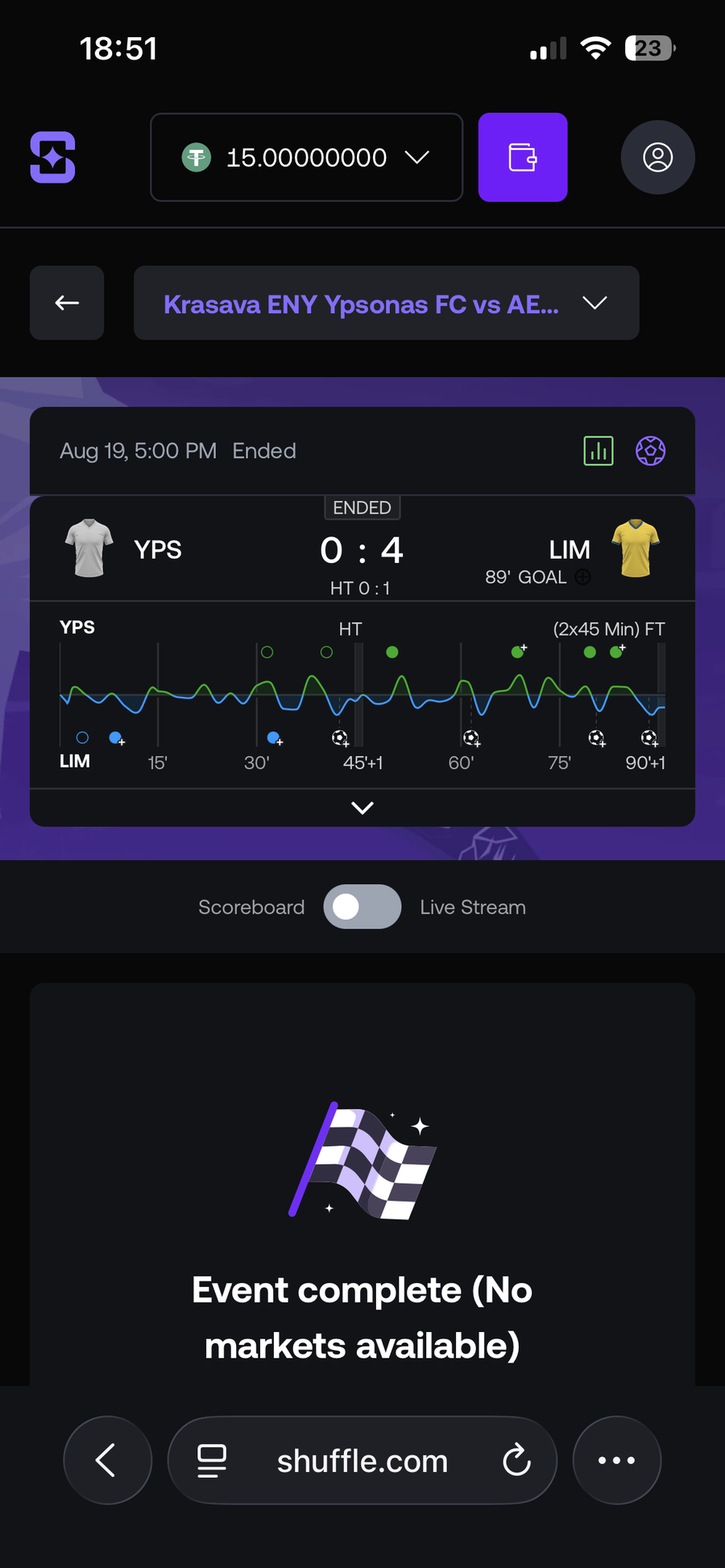 Shuffle sportsbook showing a settled winning bet