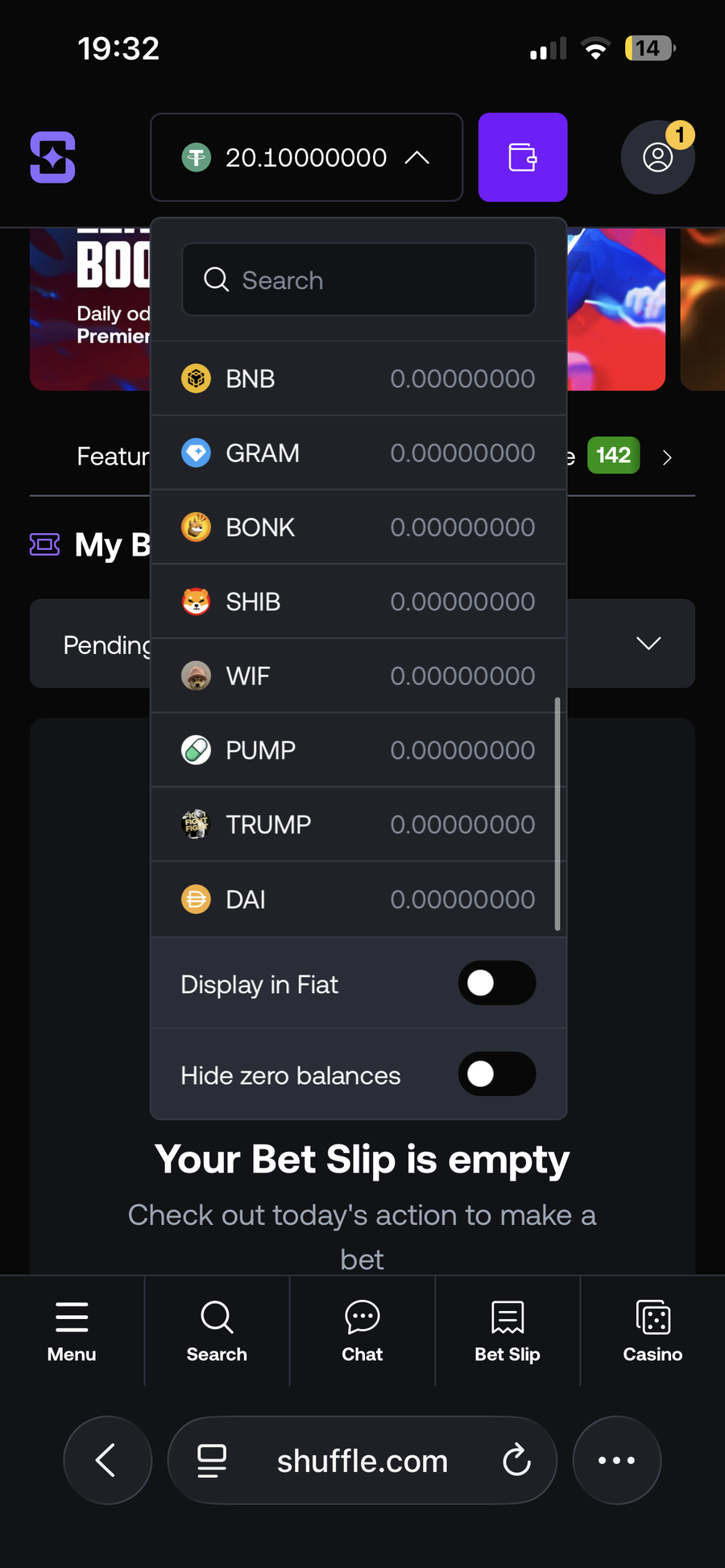 Shuffle deposit screen showing its cryptocurrency selection from BTC to XRP