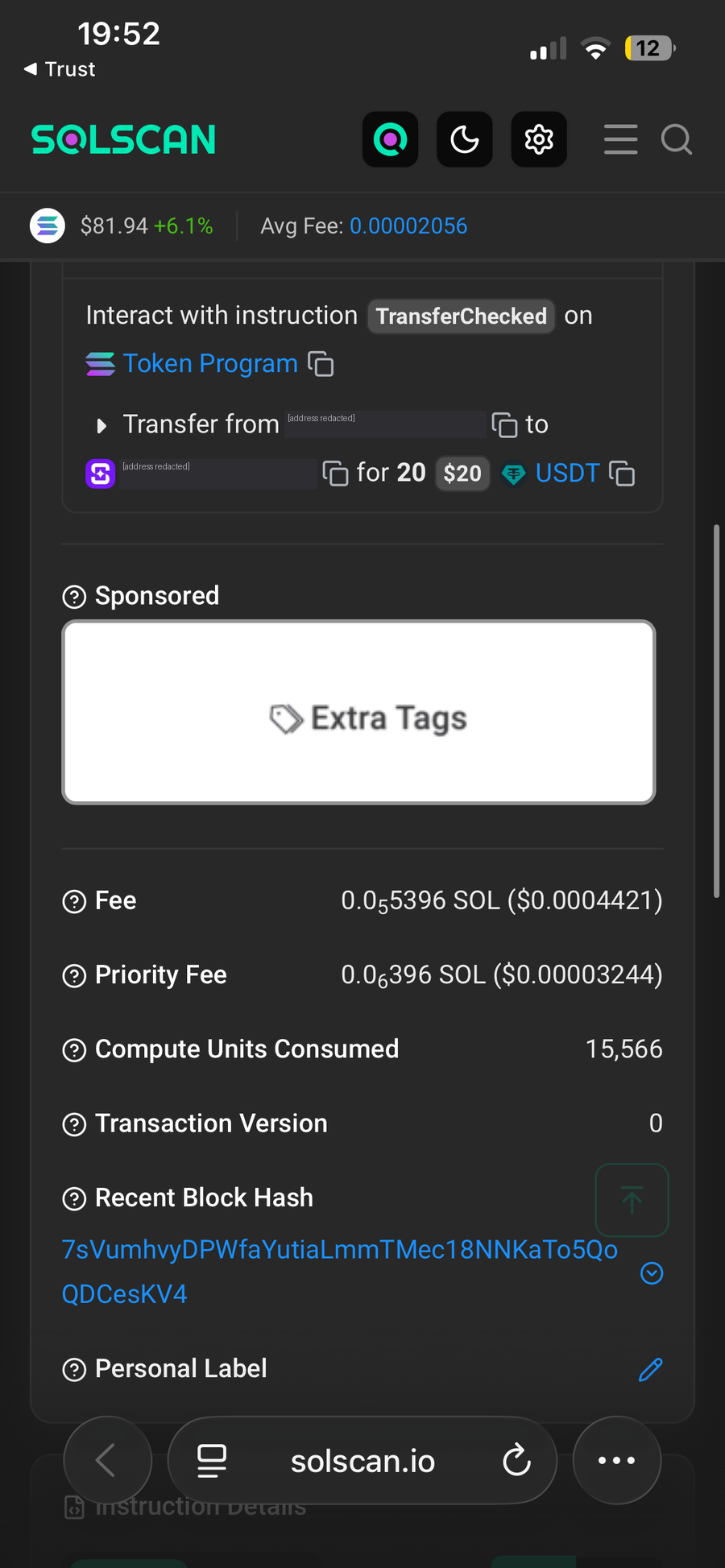 Solscan showing the 20 USDT transfer from CB's wallet to Shuffle, TransferChecked, with an on-chain fee of about $0.0004