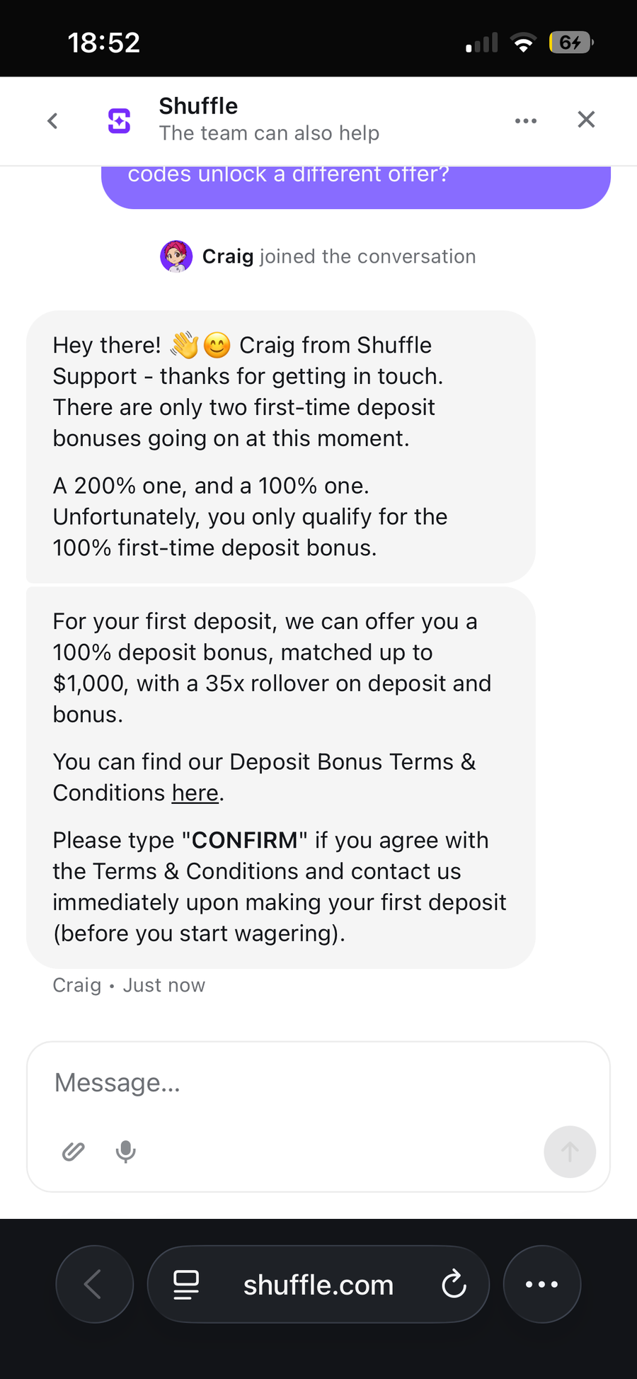 Shuffle live chat where the agent clarifies the 200 percent versus 100 percent bonus