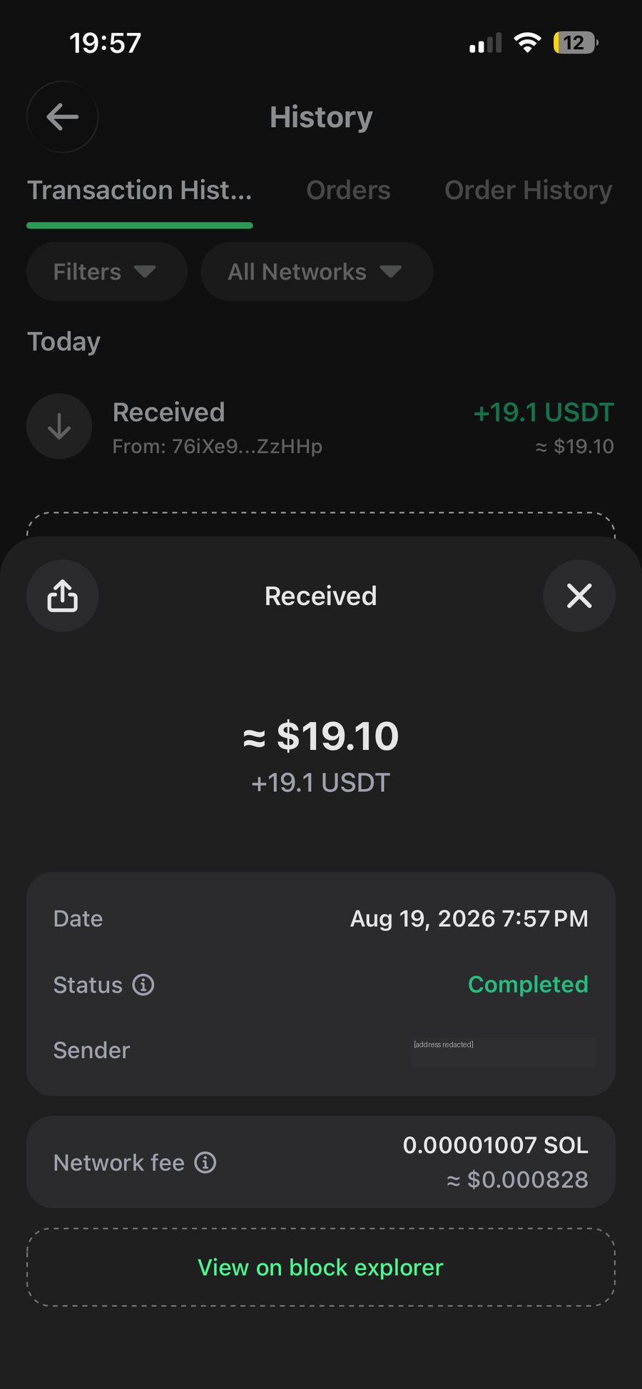 Trust Wallet showing the USDT received from Shuffle, marked completed