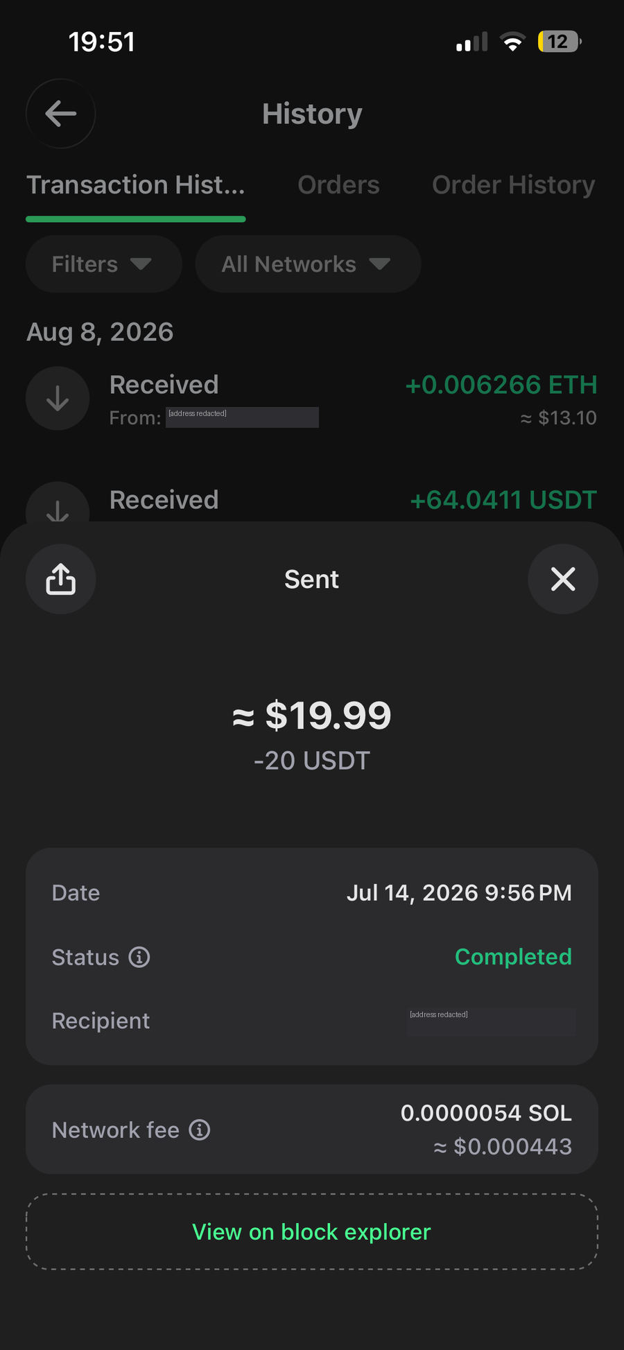 Shuffle withdrawal form: Tether USDT 20.10 on the SOL network, withdrawal fee 1.00 USDT, 19.1 to be sent